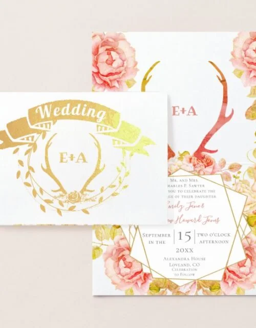 Boho Pink Blush Rose Gold Antler Wedding Real Gold Foil Card