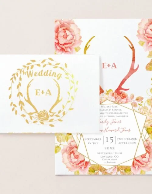 Boho Pink Blush Rose Gold Antler Wedding Real Gold Foil Card