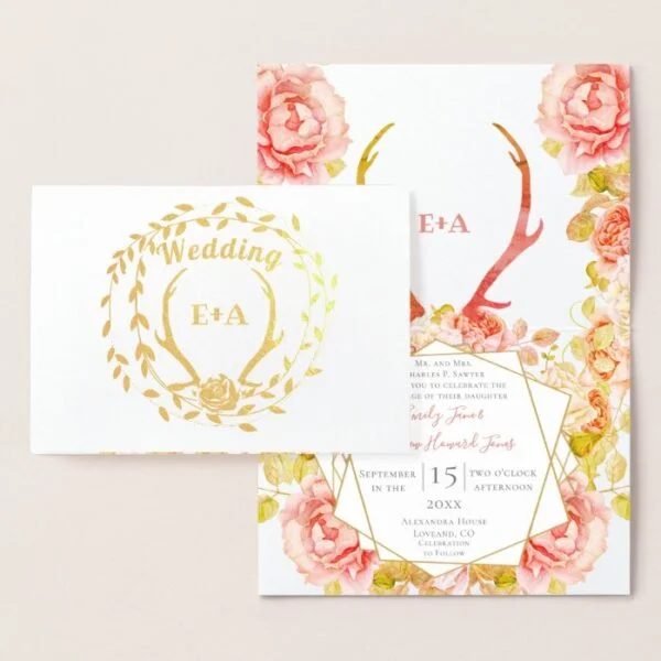 Boho Pink Blush Rose Gold Antler Wedding Real Gold Foil Card