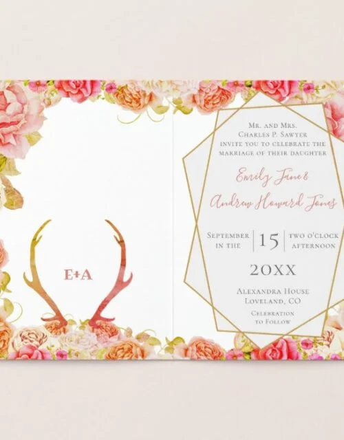 Boho Pink Blush Rose Gold Antler Wedding Real Gold Foil Card
