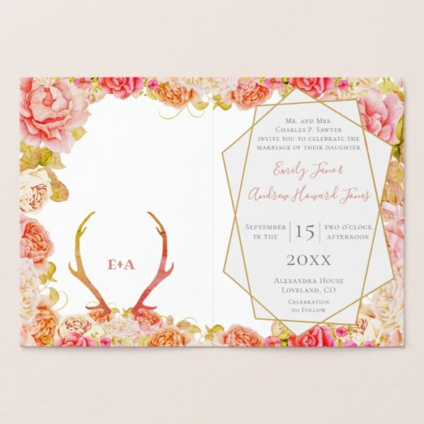 Boho Pink Blush Rose Gold Antler Wedding Real Gold Foil Card