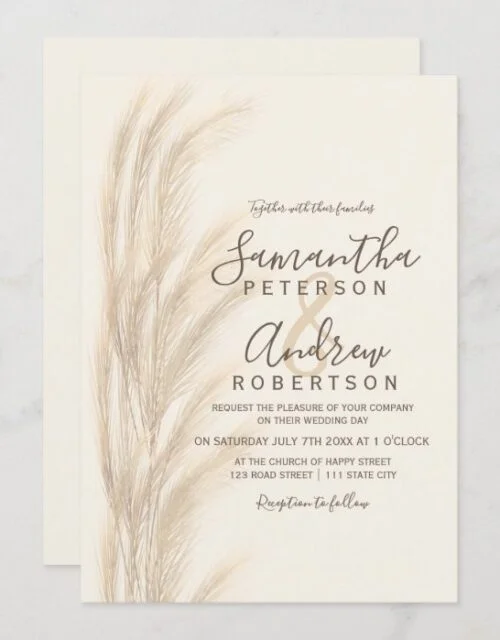 Boho summer pampas grass watercolor wedding invitation