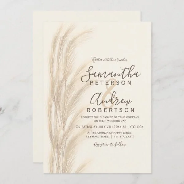Boho summer pampas grass watercolor wedding invitation