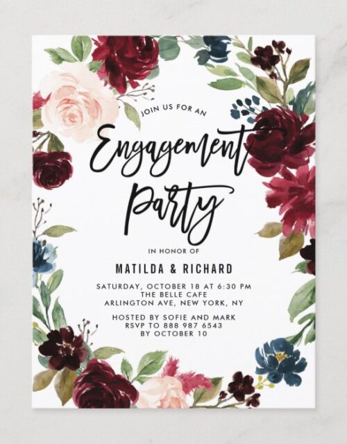 Boho Watercolor Autumn Wreath Engagement Party Invitation Postcard
