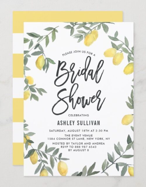 Boho Watercolor Lemon Wreath Bridal Shower Invitation