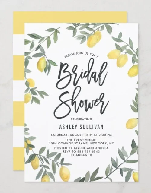 Boho Watercolor Lemon Wreath Bridal Shower Invitation