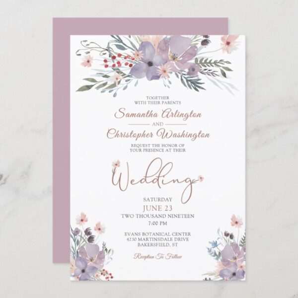 Boho Watercolor Wildflowers Lilac Wedding Invitation