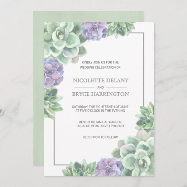 Botanical Green and Purple Succulent Frame Wedding Invitation