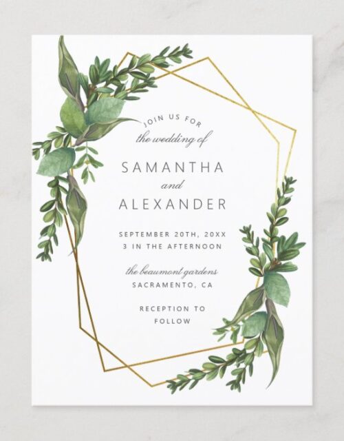 Botanical Greenery & Gold Geometric Wedding Invitation Postcard