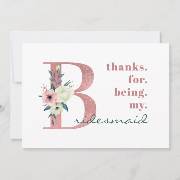Bridesmaid Pink Floral Letter Wedding Thank You Card