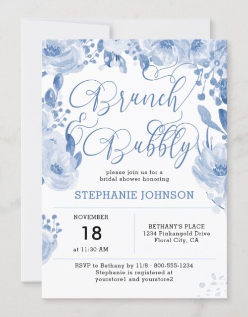 Brunch & Bubbly Dusty Blue Floral Bridal Shower Invitation