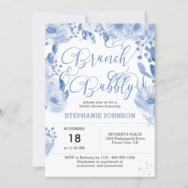 Brunch & Bubbly Dusty Blue Floral Bridal Shower Invitation