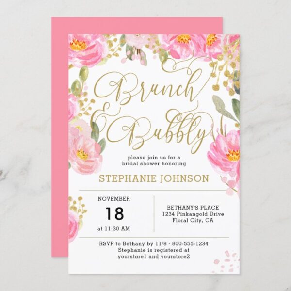 Brunch & Bubbly Pink Gold Floral Bridal Shower Invitation