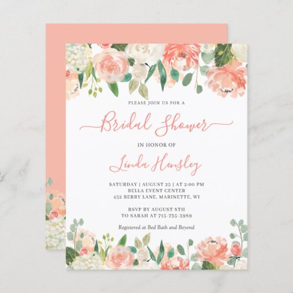 Budget Chic Coral Floral Bridal Shower Invitation