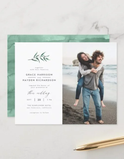 Budget Green Watercolor Branch Wedding Photo