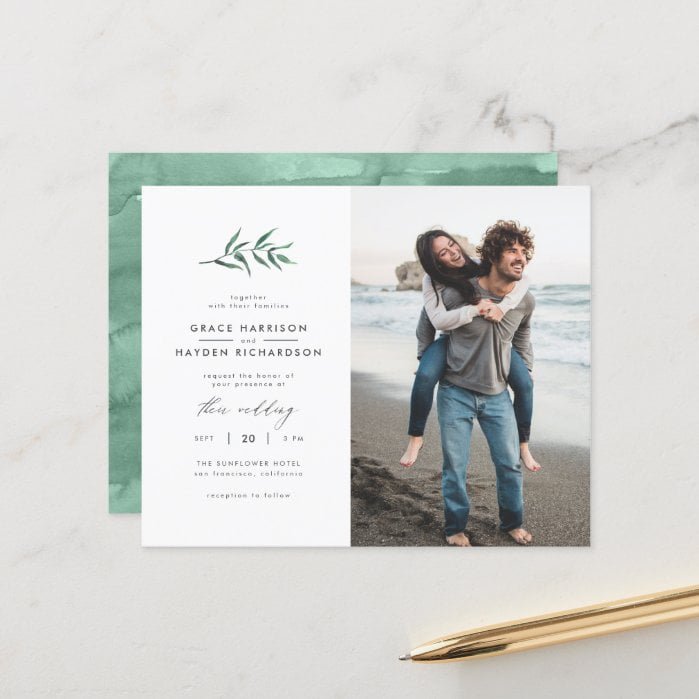 Budget Green Watercolor Branch Wedding Photo