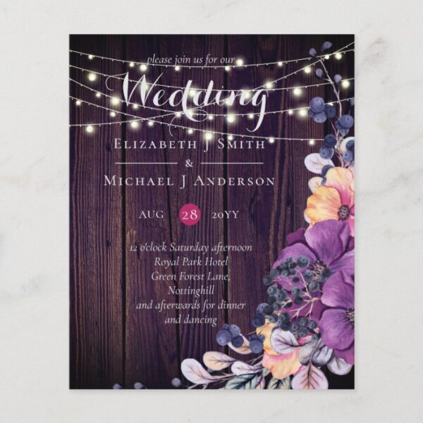 BUDGET Rustic Purple Flowers Orange Wedding Invite