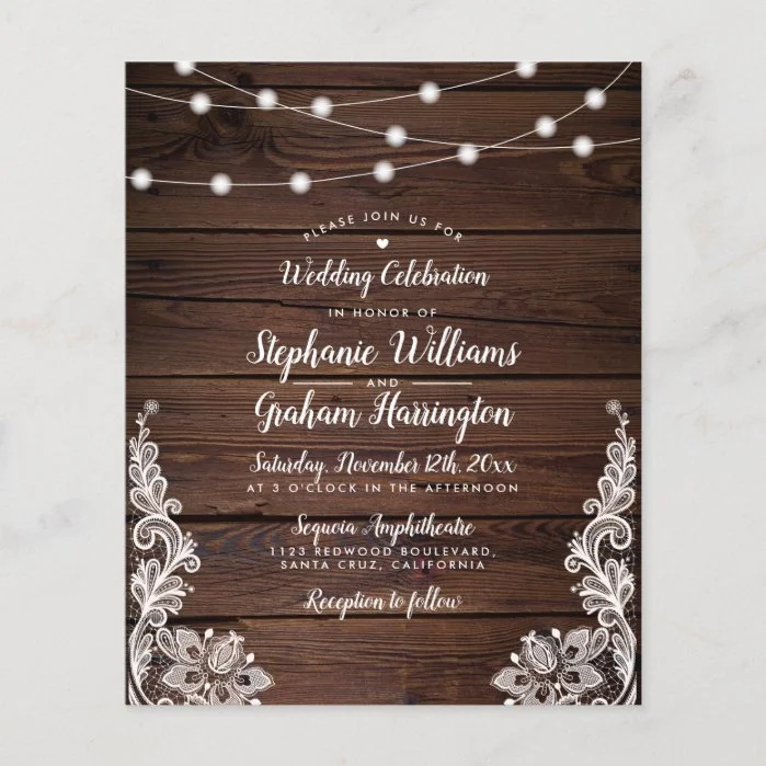 Budget Rustic Script String Lights & Lace Wedding