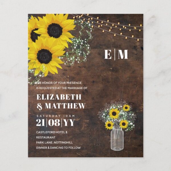 BUDGET Rustic Sunflower BabysBreath Wedding Invite