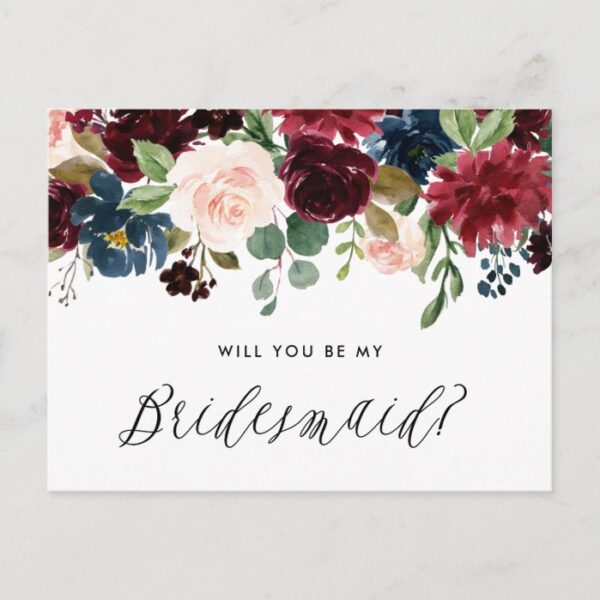 Burgundy and Blue Floral Garland Be My Bridesmaid Invitation Postcard