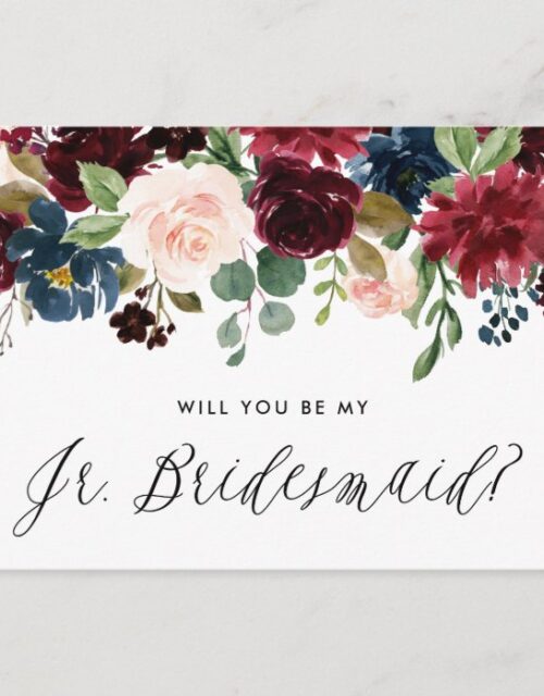 Burgundy and Blue Floral Garland Junior Bridesmaid Invitation Postcard