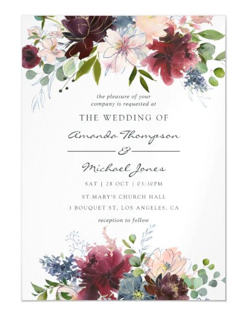Burgundy and Navy Floral watercolor Wedding Magnetic Invitation