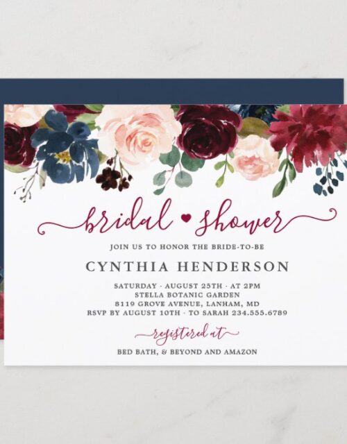 Burgundy Bloom Floral Navy Blue Bridal Shower Invitation