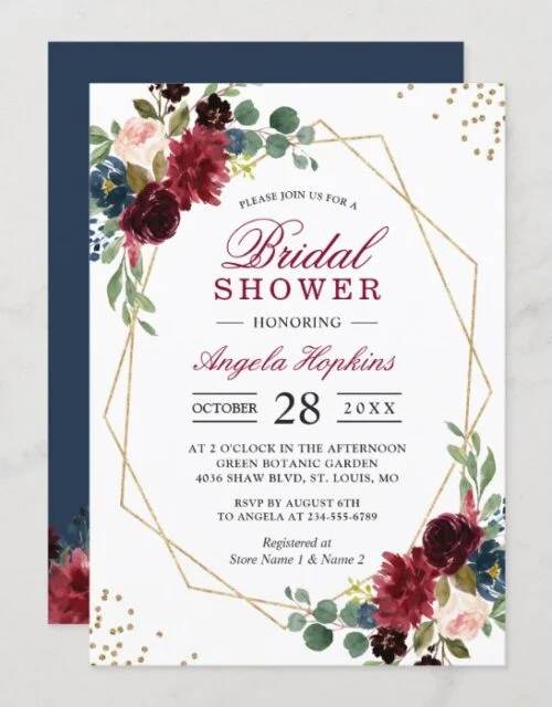Burgundy Blue Floral Gold Geometric Bridal Shower Invitation