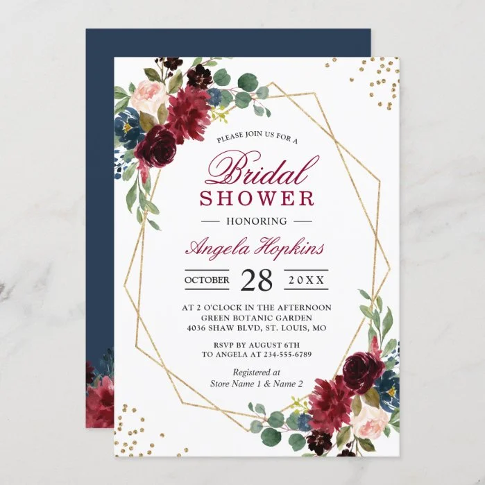 Burgundy Blue Floral Gold Geometric Bridal Shower Invitation