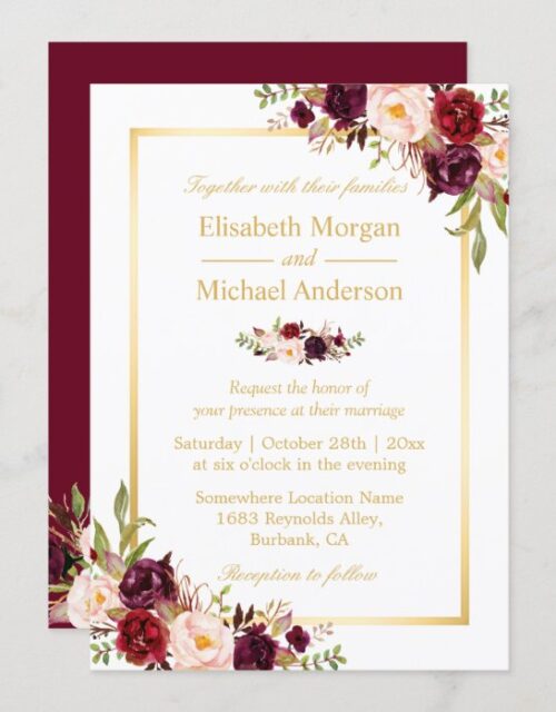 Burgundy Blush Bloom Floral Gold Frame Wedding Invitation