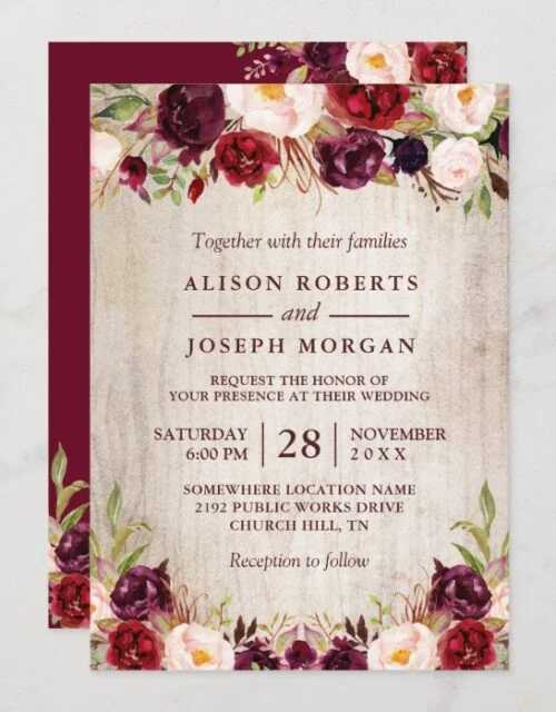 Burgundy Blush Floral Rustic Barn Wood Wedding Invitation