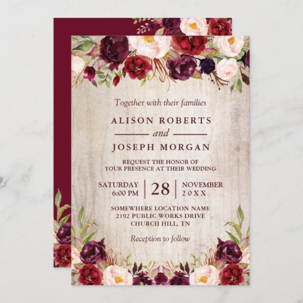 Burgundy Blush Floral Rustic Barn Wood Wedding Invitation