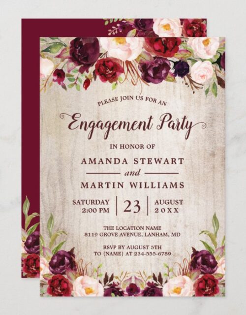 Burgundy Blush Floral Rustic Wood Engagement Party Invitation