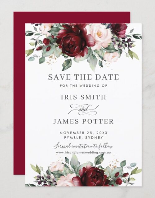 Burgundy Blush Floral Wedding Save the Date Card