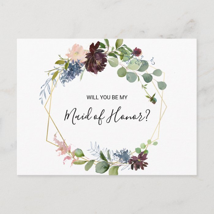 Burgundy Floral and Greenery Maid of Honor Invitation Postcard