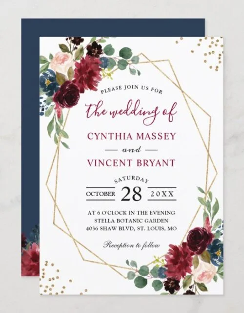Burgundy Floral Blue Gold Modern Geometric Wedding Invitation