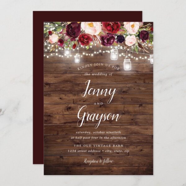 Burgundy Floral Mason Jar Lights Wood Wedding Invitation
