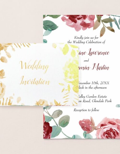 Burgundy Floral Rose Gold Foil Wedding Invitations