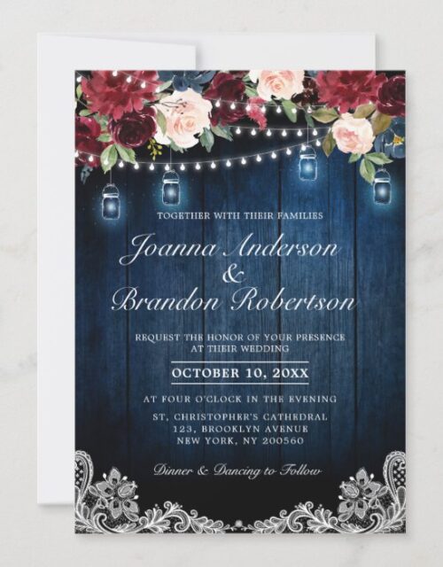 Burgundy Floral String lights Mason Jar Wedding Invitation