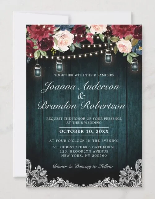 Burgundy Floral String lights Mason Jar Wedding Invitation