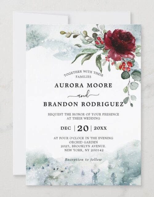 Burgundy floral winter snow wedding invitation