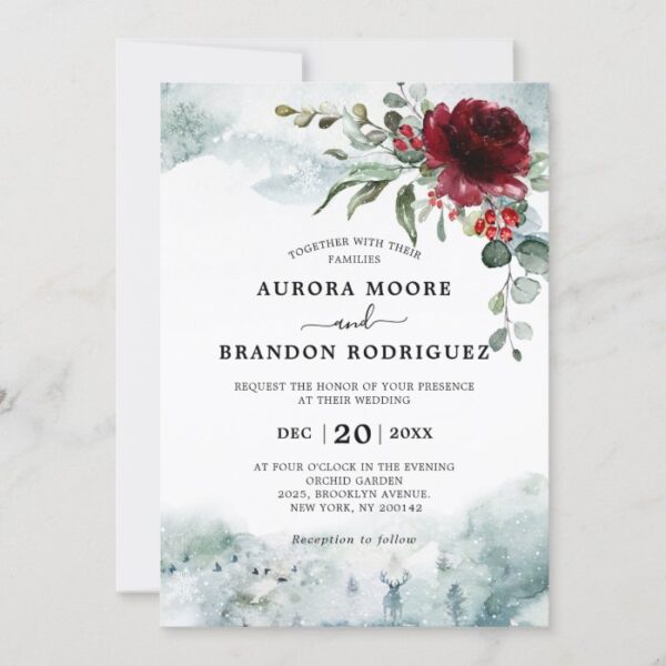 Burgundy floral winter snow wedding invitation