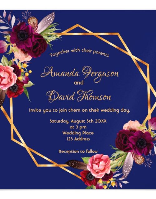 Burgundy florals geometric blue wedding invitation