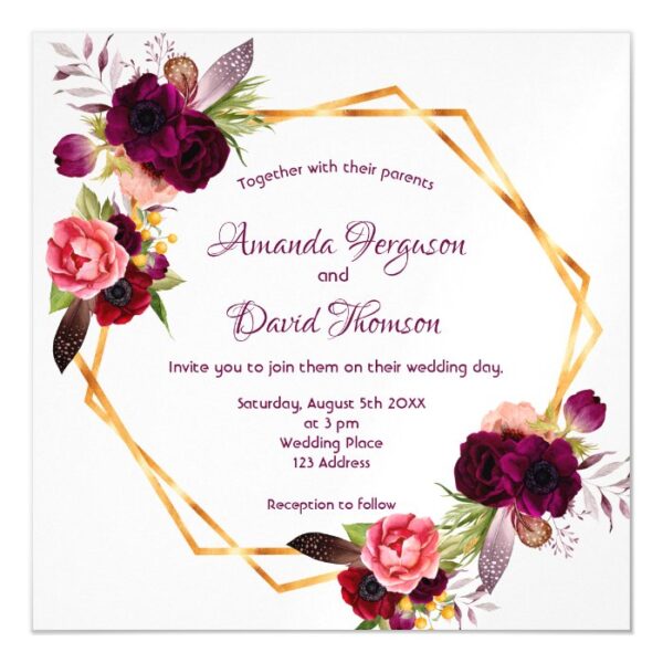 Burgundy florals gold geometric wedding invitation