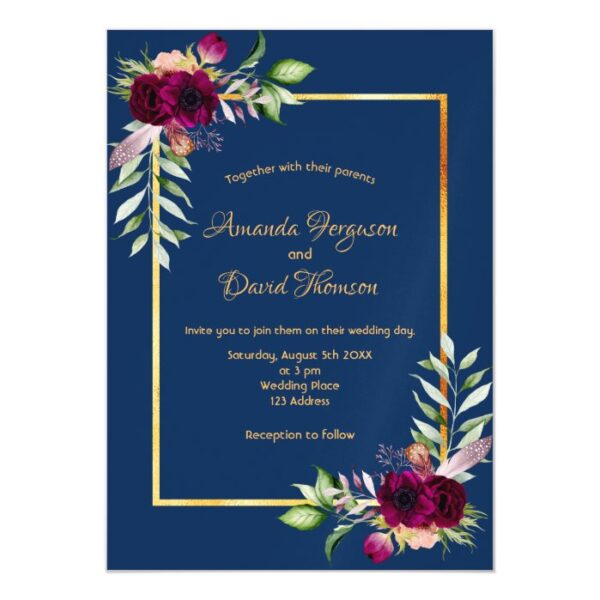 Burgundy florals gold greenery boho blue wedding magnetic invitation