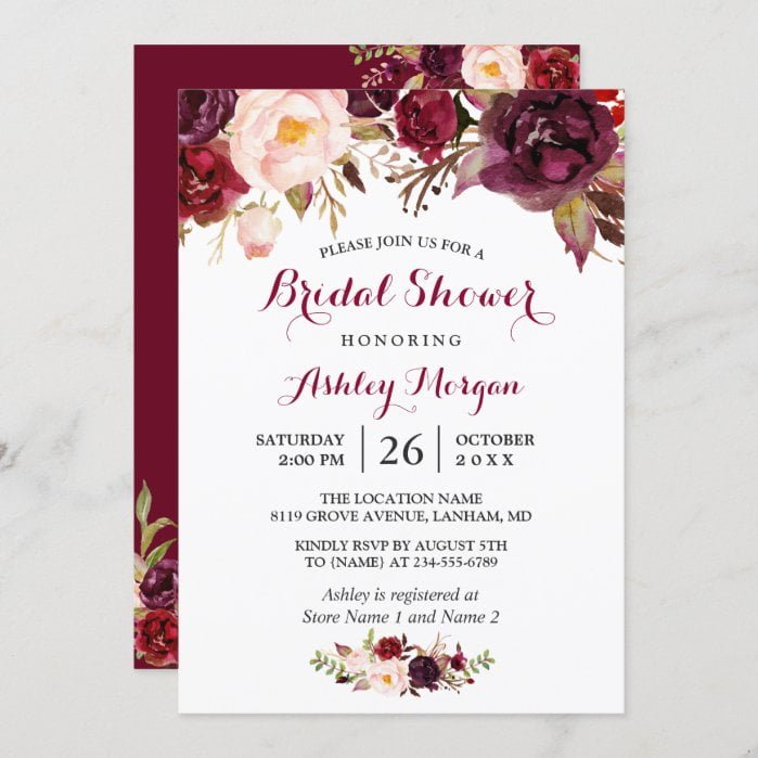 Burgundy Marsala Red Floral Autumn Bridal Shower Invitation