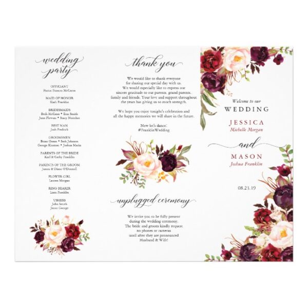 Burgundy Marsala Tri-Fold Wedding Program