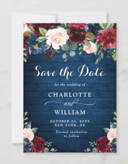 Burgundy Navy Blue Blush Watercolor Floral Wedding Save The Date