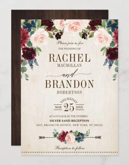 Burgundy Navy Floral Rustic Boho Country Wedding Invitation
