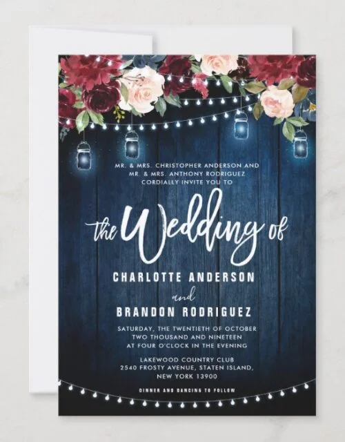 Burgundy Navy Floral Rustic String Light Wedding Invitation